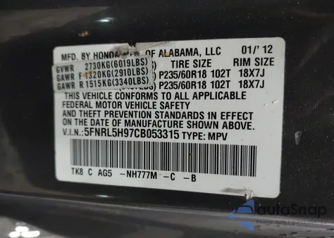 2012 Honda Odyssey Touring/Touring Elite z USA, uszkodzony, nr VIN 5FNRL5H97CB053315
